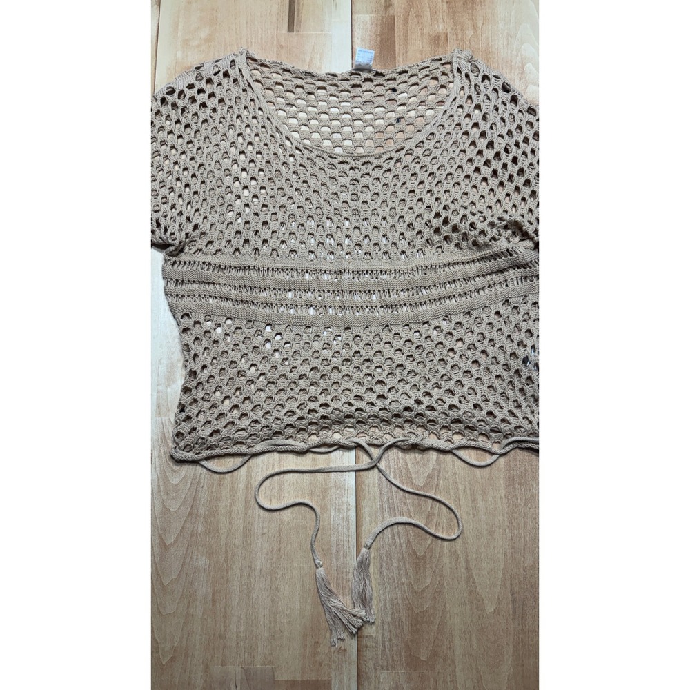 Venus Womens Tan Crochet Open Knit Short‎ Sleeve Top with Tassel Hem Size Small